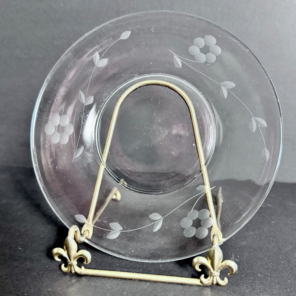 (4) Libbey Halifax By Rock Sharpe Clear Floral Etched Glass‎ Dessert Plate